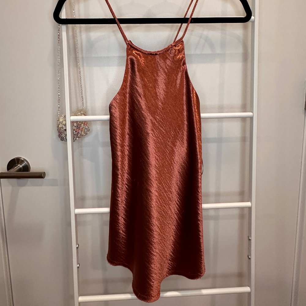 Free People Rose Gold Satin Halter Top (XS)